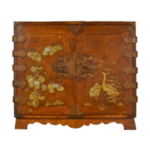 Fine and Rare 17th Century Japanese Mulberry Wood Gilt-Lacquer Cabinet on Stand