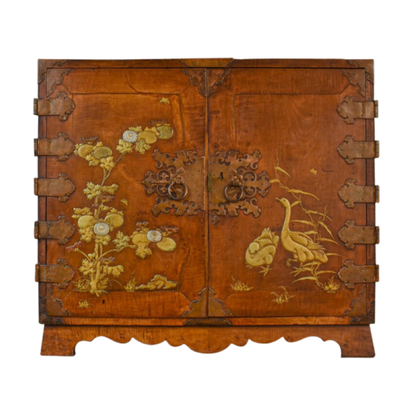 Fine and Rare 17th Century Japanese Mulberry Wood Gilt-Lacquer Cabinet on Stand