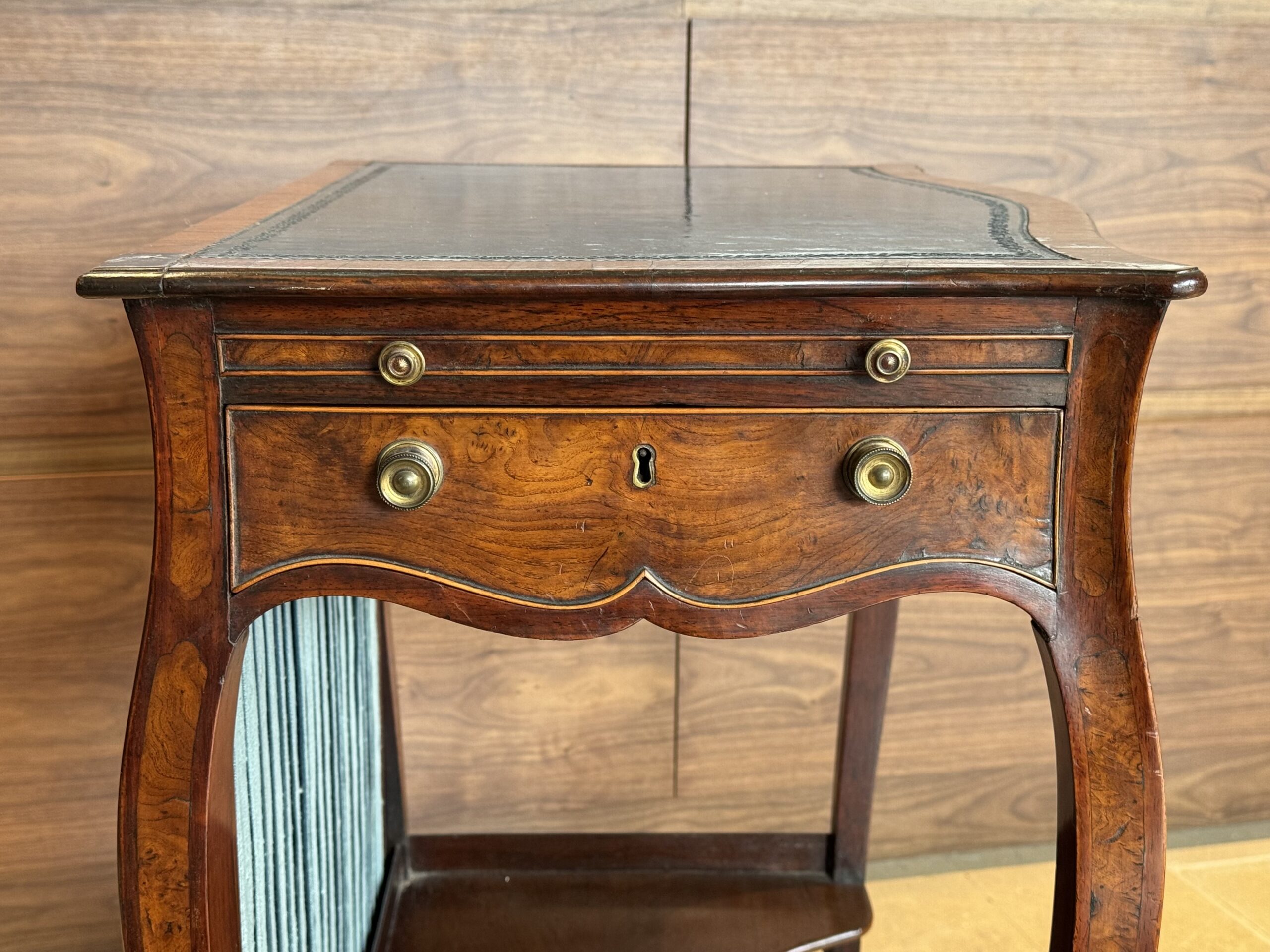 FullSizeRender George III Serpentine Inlaid Writing Dressing Table Front Close Up