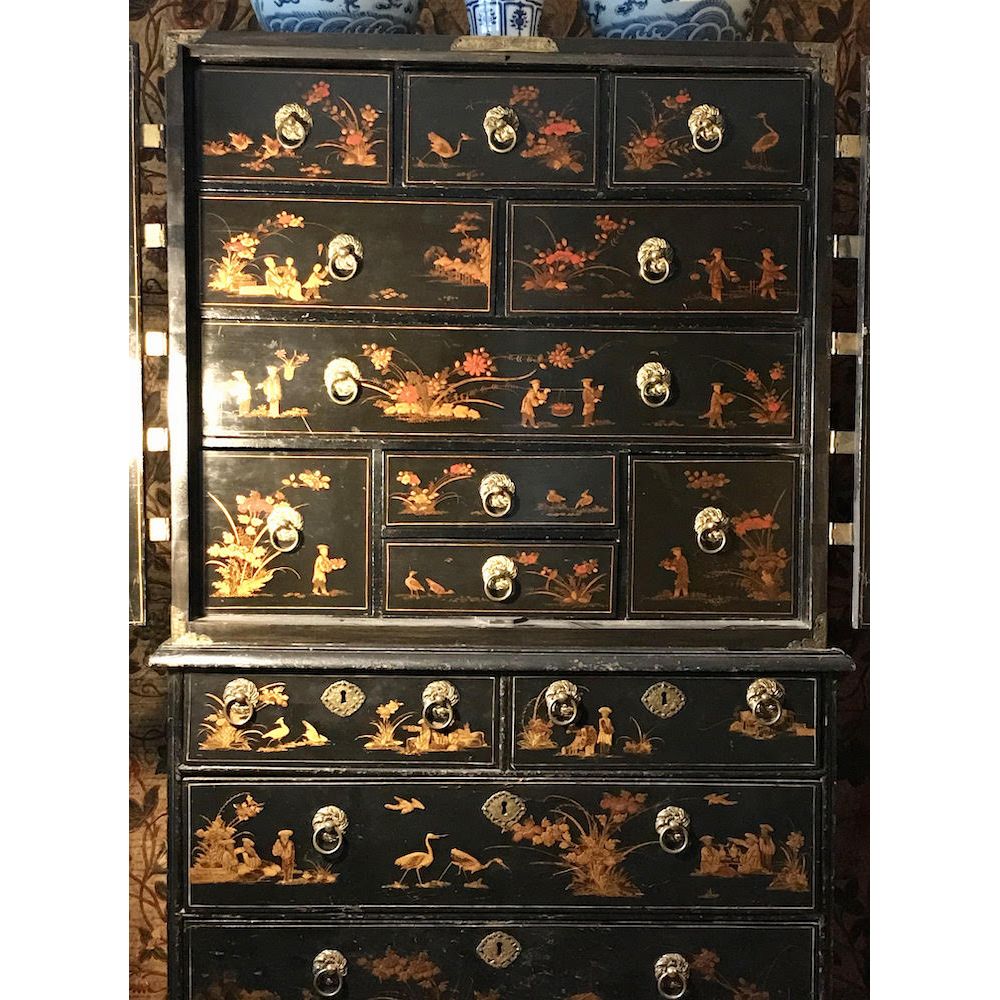 WILLIAM AND MARY BLACK JAPANNED CHEST ON STAND