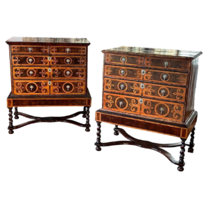 Fine Rare Pair 17th Century Oyster Walnut Chests on Stands