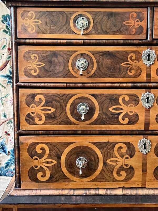 Fine Rare Pair 17th Century Oyster Walnut Chests on Stands