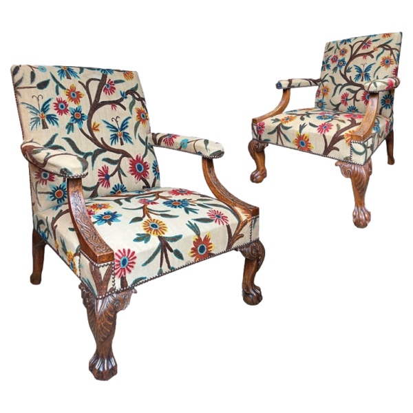 Exceptional Pair George II Carved Walnut Library Armchairs