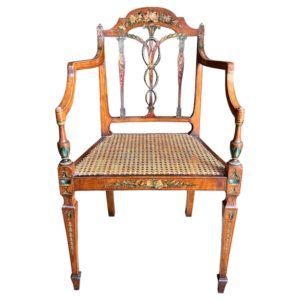 A fine and rare set of four 18th century satinwood painted armchairs attributed to Seddon, Sons & Shackleton