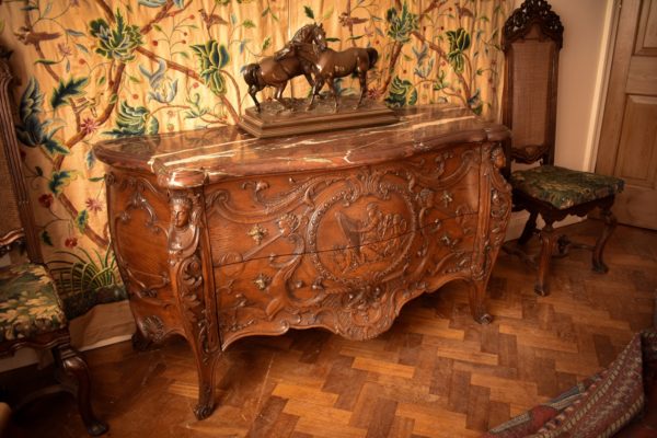 Fine French 18th/19th century carved oak marble top commode - in situ