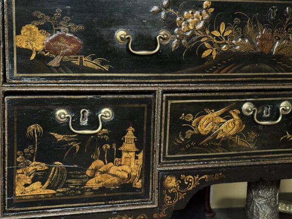 A rare Queen Anne chinoiserie japanned chest on stand drawers