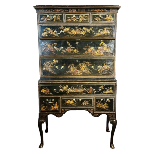 A rare Queen Anne chinoiserie japanned chest on stand