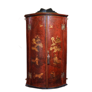 An Early 18th Century Red Japanned Corner Cupboard Or Cabinet