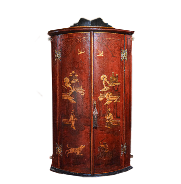 An Early 18th Century Red Japanned Corner Cupboard Or Cabinet